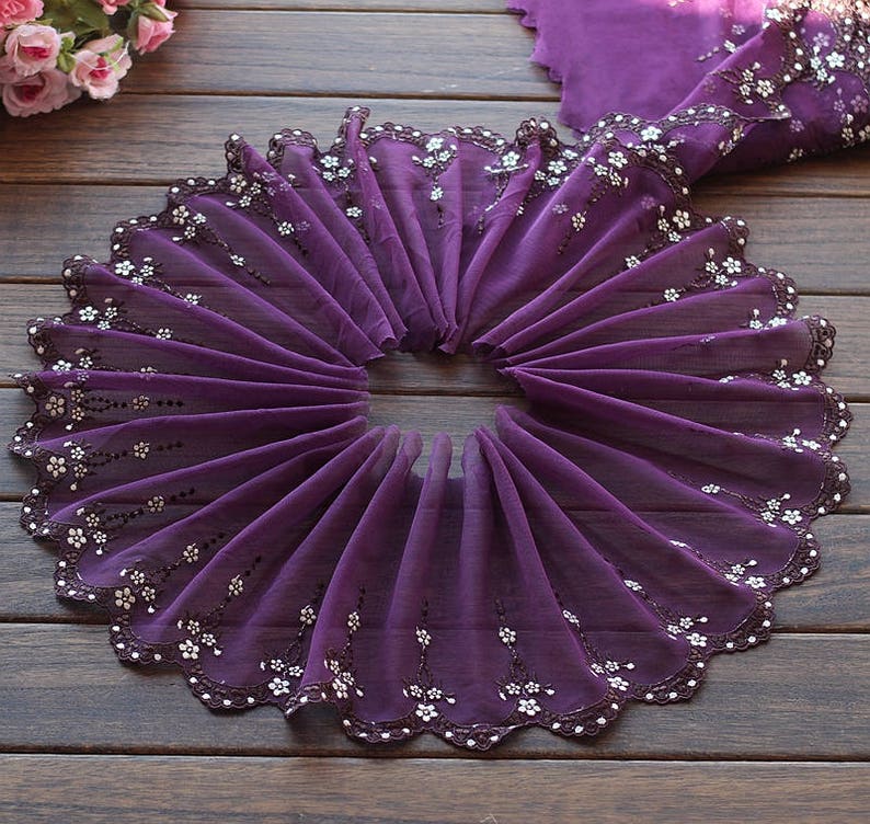0.75 Yards Lace Trim Small Flowers Floral Embroidered Purple Tulle Lace 6.69 Inches Wide