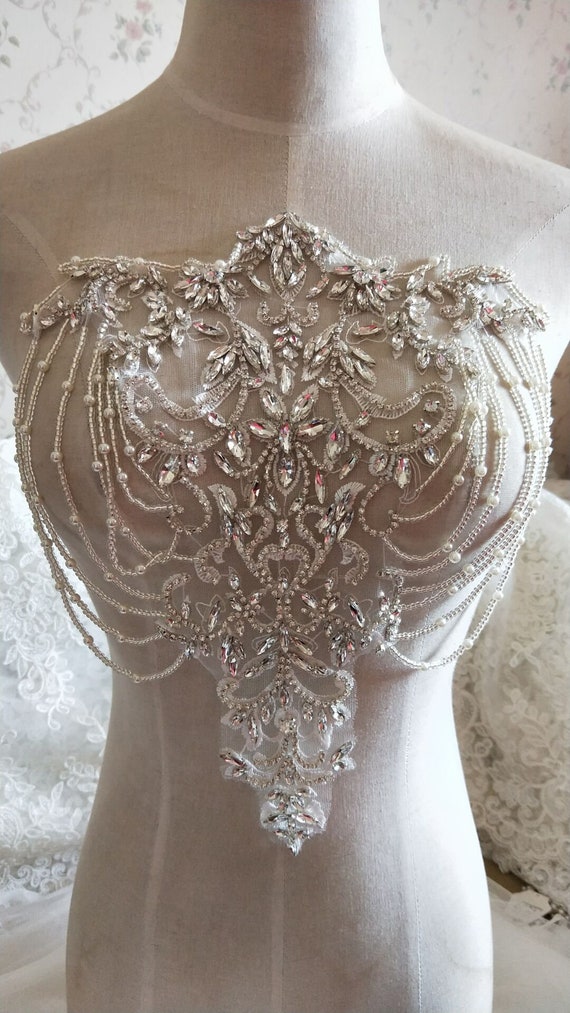 Crystal Embellished Applique Sash - Clear Rhinestones & Pearls Amazon.com: ShiDianYi Wedding Rhinestone Applique, Trim for  main image 3