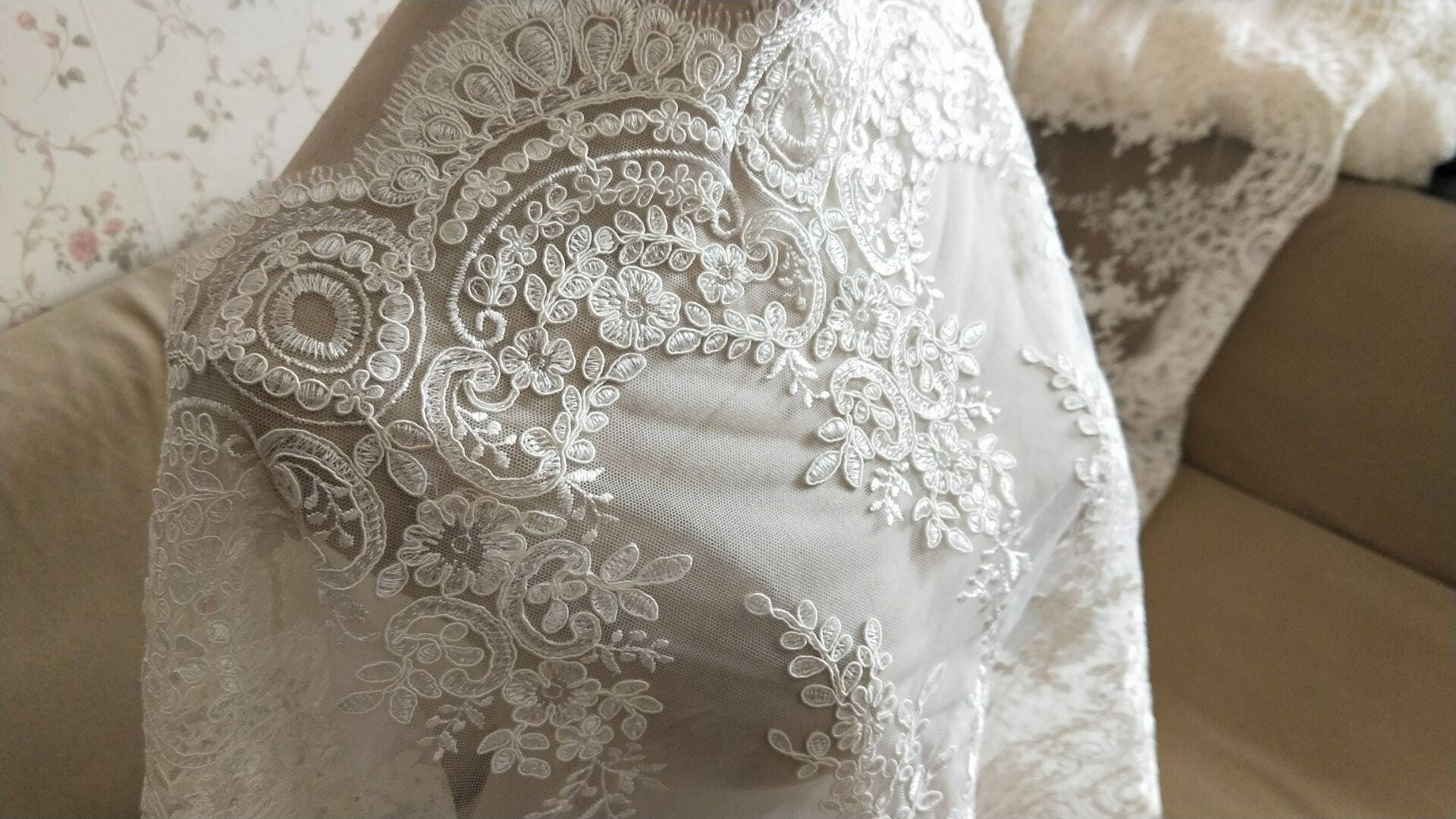 Fabulous Alencon Lace Trim Luxury Ivory Wedding Lace Embroidered Retro Tulle Lace 21.6 Inches Wide 1 Yard
