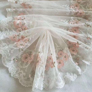 Gorgeous Tulle Lace Trim Pink Rose Flowers Floral Embroidered Scalloped Lace 11 Inches Wide High Quality By The Yard
