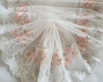 Gorgeous Tulle Lace Trim Pink Rose Flowers Floral Embroidered Scalloped Lace 11 Inches Wide High Quality By The Yard