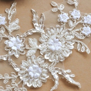 Alencon Lace Appliques Silver Embroidered Sequined Beaded Patches For Wedding Supplies Bridal Hair Flower Headpiece Version 1 pcs image 3