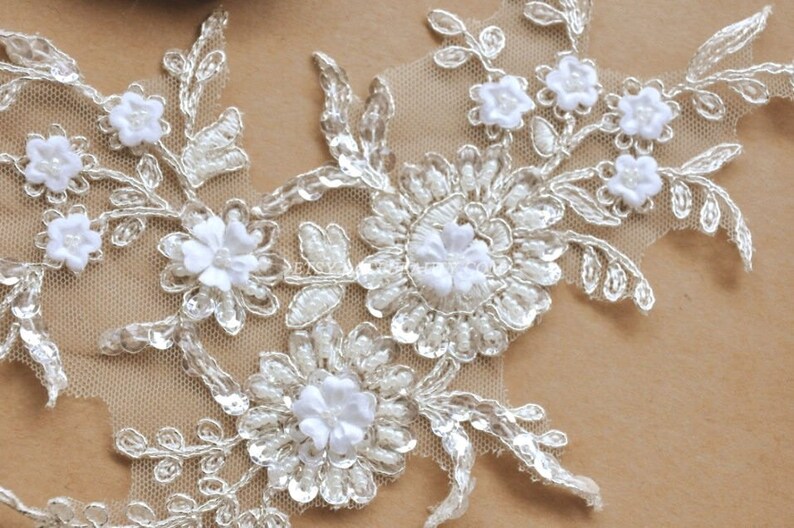 Alencon Lace Appliques Silver Embroidered Sequined Beaded Patches For Wedding Supplies Bridal Hair Flower Headpiece Version 1 pcs image 3