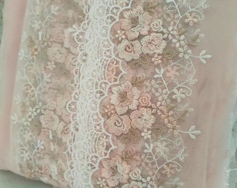 Lovely Lace Trim Roses Flowers Embroidered Pink Tulle Lace 4.33 Inches Wide High Quality