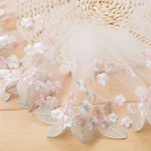 Ivory Tulle Lace Trim Floral Embroidered Lace Trim 7 Inches Wide 2 Yards Costume Supplies