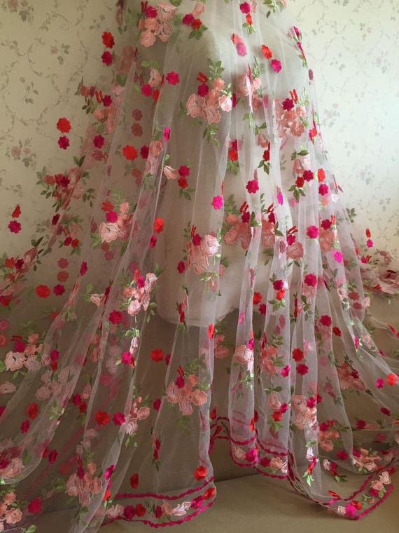 Sale Gorgeors Lace Fabric Floral Embroidered Tulle Fabric Dress