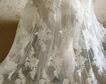 Ivory Alencon Lace Fabric Floral Sequined Pearl Beaded Wedding Lace Fabric Dress Coat Fabric 51.1 Inches Wide 1 Yard