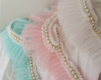 3 Colors Ruffled Lace Trim Pearl Beaded Fold Tulle Lace Trim 2.36 Inches Wide 2 Yards