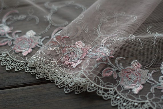 1 Yards Lace Trim Gold Floral Embroidered Scalloped Tulle 11/" width