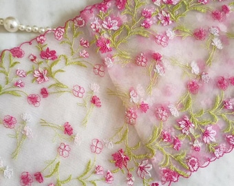 Gorgeous Hot Pink Flowers Embroidered Tulle Lace Trim Scalloped Lace 7.87 Inches Wide High Quality