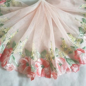 2 Yards Lace Trim Peachy Pink Flowers Floral Embroidered Tulle Lace 8.66 Inches Wide