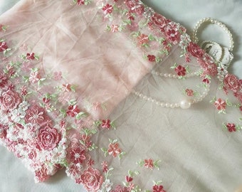 Double Edged Lovely Lace Trim Pink Floral Embroidered Tulle Lace 11.8 Inches Wide By The Yard