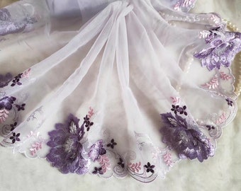 Lace Trim Purple Floral Embroidered Tulle Lace 7.4" Wide High Quality Lace Trim Purple Floral Embroidered Tulle Lace 7.4" Wide High Quality
