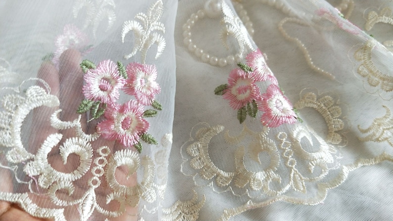 Gorgeous Light Yellow Tulle Lace Trim Pink Floral Embroidered - Etsy