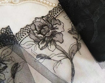 2 Yards Lace Trim Black Roses Flower Embroidered Tulle Lace 7 Inches Wide High Quality