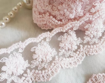 4 Yards Lace Trim Lovely Pink Cotton Embroidered Tulle Lace 1.57 Inches Wide High Quality