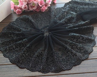 3.2 Yards Embroidered Lace Trim Black Floral Embroidered Tulle Lace Trim 9 Inches Wide