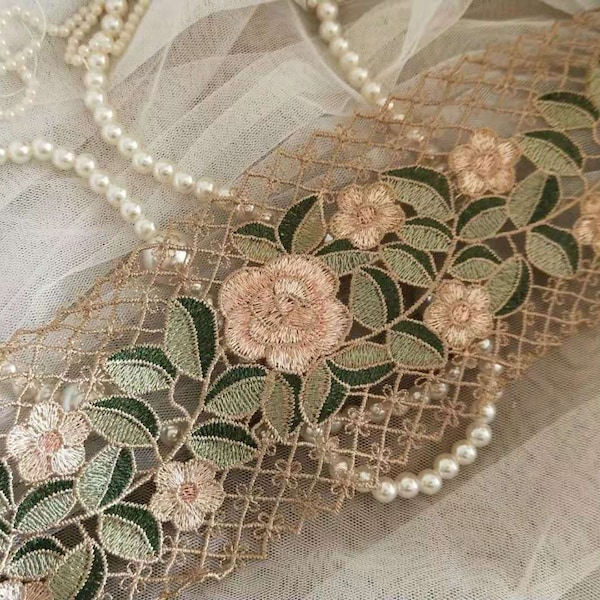 2 mètres exquis Venice Lace Trim Green Leaf Pink Flower Venice Lace Trim 3.93 Inches Wide