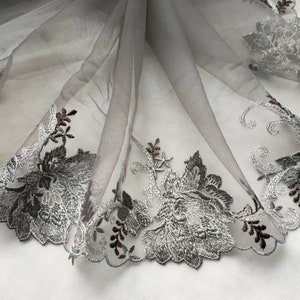 2 Yards Lace Trim Grey Floral Embroidered Tulle Lace 9 Inches Wide High Quality