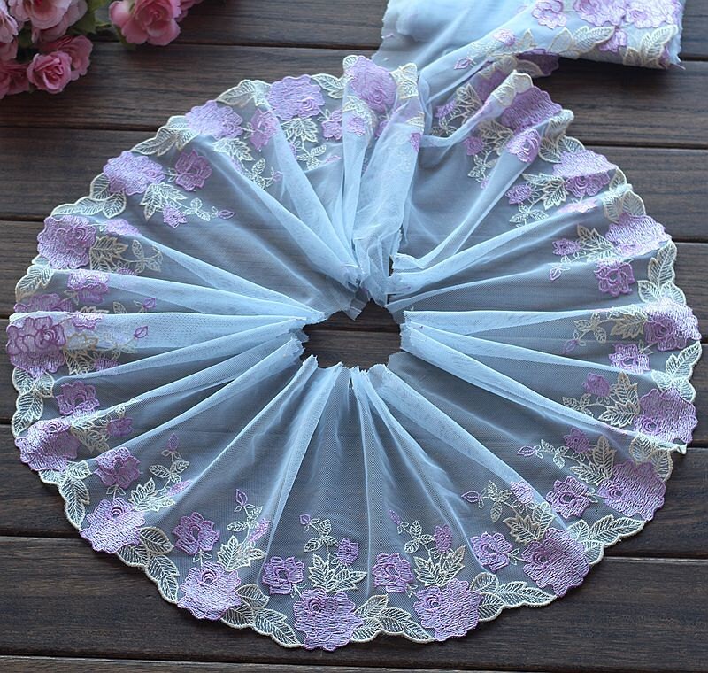 Lace Trim Purple Floral Embroidered Tulle Lace 7.4" Wide High Quality Lace Trim Purple Floral Embroidered Tulle Lace 7.4" Wide High Quality