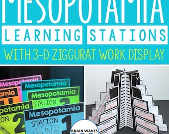 Może przedstawiać: Kolorowa ekspozycja edukacyjna z tekstem "MESOPOTAMIA LEARNING STATIONS WITH 3-D ZIGGURAT WORK DISPLAY". Zawiera karty stacji i model 3D zigguratu. Karty są oznaczone numerami i słowem "STATION".