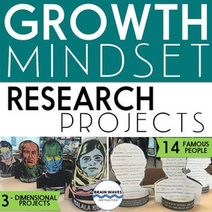 May include: A teal and white graphic with the words "GROWTH MINDSET RESEARCH PROJECTS." Below are 3-dimensional projects featuring 14 famous people, including Malala Yousafzai and Maya Angelou. The projects are designed by Brain Waves Instruction.