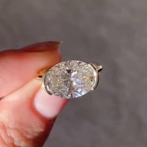 East West 3.0CT Oval Cut Diamond Ring, Half Bezel Set Moissanite Solitaire Engagement Ring, Big Oval Sparkling Diamond 14K Solid Gold Ring