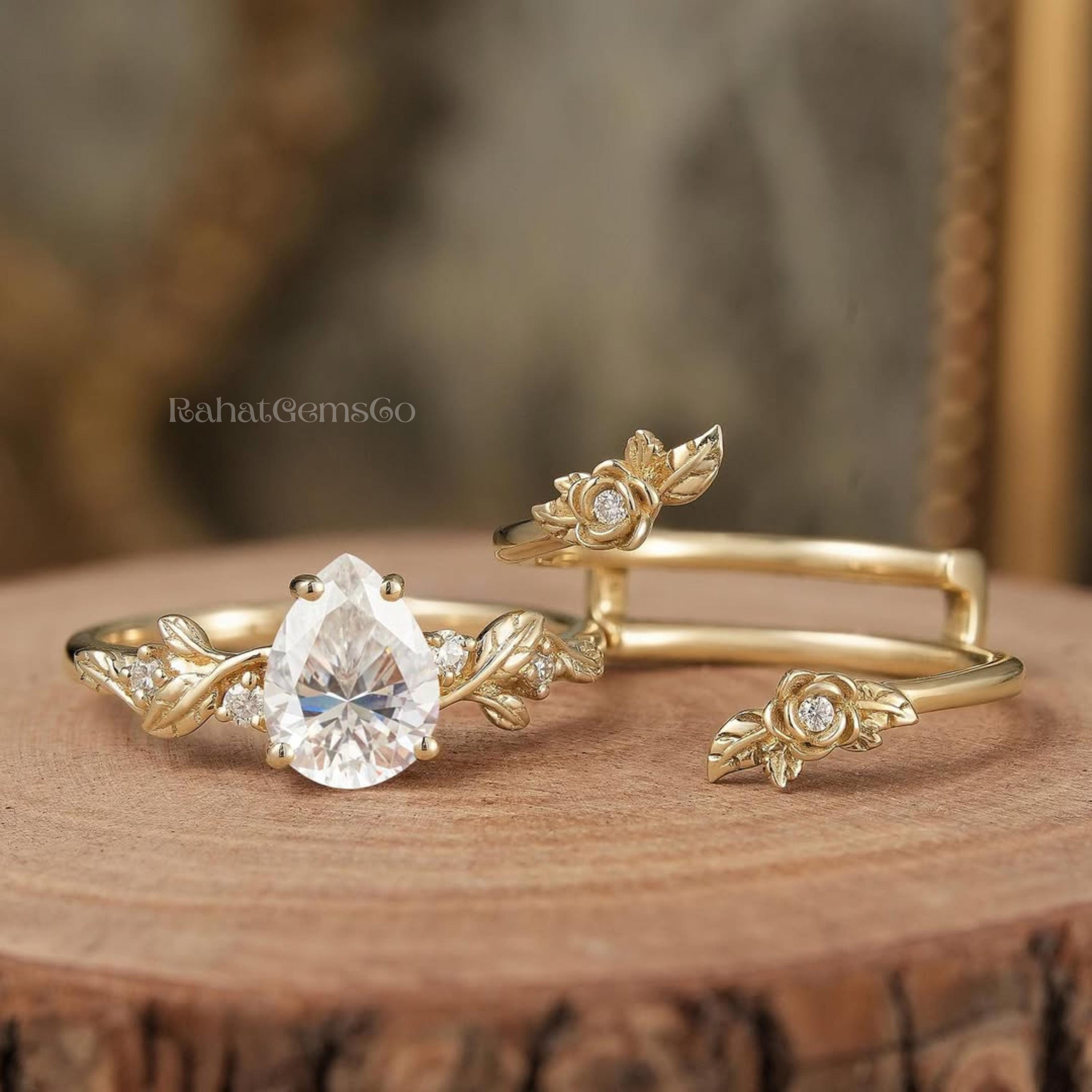 2.5CT Pear Cut Moissanite Engagement Ring Set | 14K Gold Floral Leaf ...