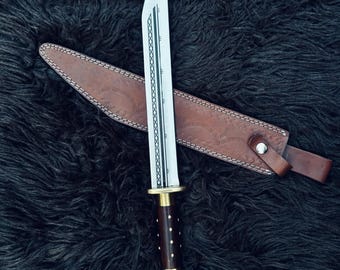 Handsmidd Viking Seax-kniv, högkolstål med läderslida