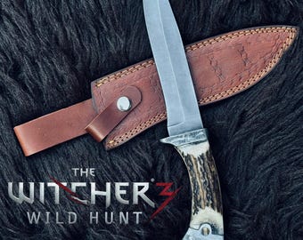 Geralt of Rivia Hunting Knife Replica | The Witcher 3 | Stag Horn Handle Leather Sheath Cosplay Prop Gift for Him