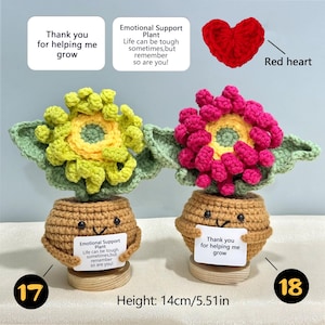 Pu&ograve; includere: Due piante di supporto emotivo all'uncinetto, una con fiori gialli e verdi, l'altra con fiori rosa. Ogni pianta &egrave; in un vaso marrone e tiene un cartello. Altezza: 14 cm.