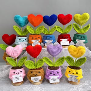 May include: A collection of crocheted heart-shaped flowers in various colors, including blue, orange, red, yellow, pink, and purple. Each flower has green leaves and is planted in a smiling pot. Small signs read "Thank you for helping me grow" and "Emotional Support Heart."