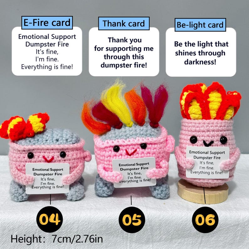 May include: Three handmade crochet figures, each with a pink body, gray lid, and colorful accents. Each figure holds a card with text. The height is 2.76 inches. The figures are labeled with the numbers 04, 05, and 06.