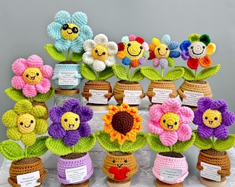 May include: A collection of colorful, crocheted flowers with smiling faces, each in a small pot. The flowers are various colors, including blue, pink, yellow, and purple, with green leaves. Some pots have small signs.