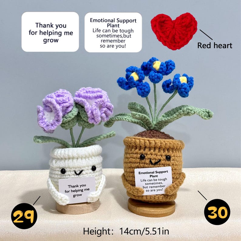 Pu&ograve; includere: Pianta all'uncinetto con fiori viola e blu in vasi sorridenti. Il vaso di fiori viola ha il testo "Thank you for helping me grow". Il vaso di fiori blu ha il testo "Emotional Support Plant". Altezza: 14 cm.