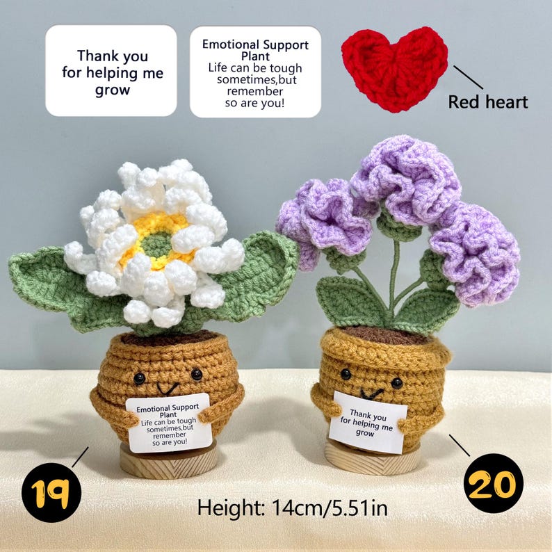 Pu&ograve; includere: Composizioni floreali all'uncinetto in vasi, una con fiori bianchi e gialli, l'altra con fiori viola. Ogni vaso ha una faccia sorridente e un messaggio. Altezza: 14 cm.