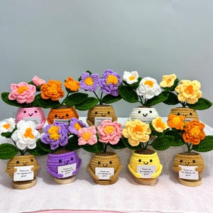 May include: A collection of crocheted potted flowers in various colors including pink, orange, purple, white, and yellow. Each round pot features a smiling face and holds a small white sign that reads, Thank you for helping me grow.