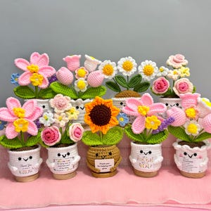 Könnte beinhalten: Eine Sammlung von sechs gehäkelten Topfblumen in verschiedenen Farben wie Rosa, Gelb und Weiß. Jeder weiße Häkeltopf hat ein kleines gesticktes Gesicht und ein rechteckiges Etikett mit gedrucktem Text, angeordnet in einer Reihe auf einer rosa Fläche.
