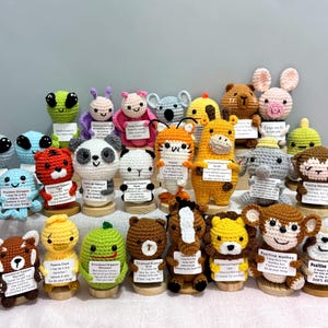 Positives Häkeltier mit Motivationskarte, emotionaler Begleiter für die Hosentasche, handgestrickte kleine Tierpuppe, Häkelspielzeug für Freunde
