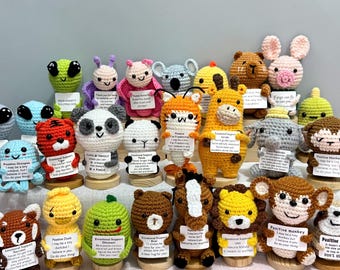 Positive Crochet Animal with Motivational Card, Emotional Support Pocket Pal, Hand Knitted Small Animal Doll, Crochet Toy for Friends