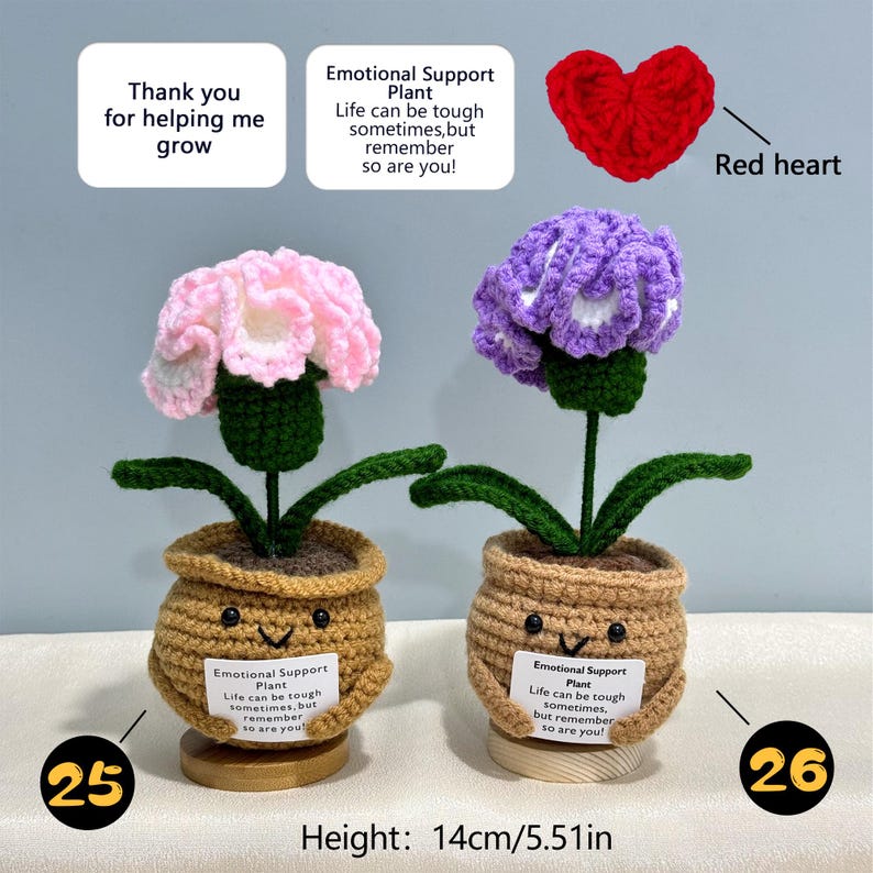 Pu&ograve; includere: Due piante di fiori all'uncinetto in vasi sorridenti. Uno ha un fiore rosa, l'altro un fiore viola. Ogni vaso ha un'etichetta con la scritta "Emotional Support Plant". Altezza: 14 cm.