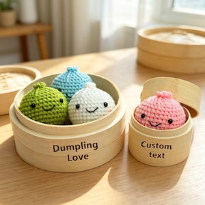 Peut inclure: Des raviolis crochetés dans des cuiseurs vapeur en bambou. Un cuiseur vapeur contient trois raviolis verts, bleus et blancs. Un autre cuiseur vapeur contient un ravioli rose. Les cuiseurs vapeur portent les textes "Dumpling Love" et "Custom text".