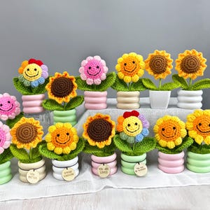 May include: A display of crocheted sunflowers in small pots. The sunflowers feature smiling faces and are in various colours, including yellow, pink, and rainbow. The pots are in pastel colours and some have small wooden tags with phrases like "You Matter."