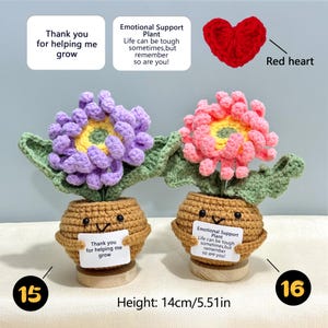 Pu&ograve; includere: Vaso di fiori all'uncinetto con un volto sorridente, che tiene un cartello con la scritta "Thank you for helping me grow". Il fiore &egrave; viola e rosa, con foglie verdi. Altezza: 14 cm.