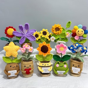 May include: A collection of ten crocheted potted plants featuring various flowers, including sunflowers, a rainbow-coloured flower, and a purple lily. Each plant is housed in a small, tan, crocheted pot with a smiling face and a small white tag.