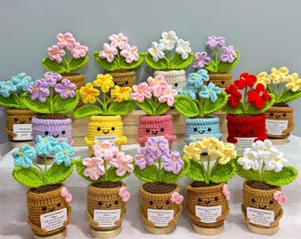 Op de afbeelding: Een verzameling kleurrijke gehaakte bloemplanten in lachende potten. De bloemen zijn in verschillende kleuren, waaronder roze, paars, geel, blauw en rood. Elke pot heeft een lachend gezicht en een klein label met tekst.