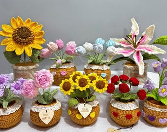 Crochet Sunflower Plant,Gifts for Mom,Birthday Gift for Her,Positive Desk Decor,Handmade Crochet Tulip Flower Pot,Mother's Day gift