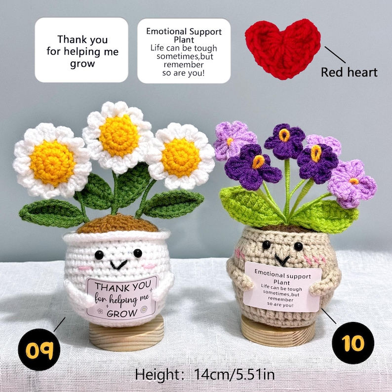 Pu&ograve; includere: Due vasi di fiori all'uncinetto, uno con margherite bianche e centri gialli, l'altro con fiori viola e lavanda. Ogni vaso ha una faccia sorridente e un messaggio. Altezza: 14 cm.