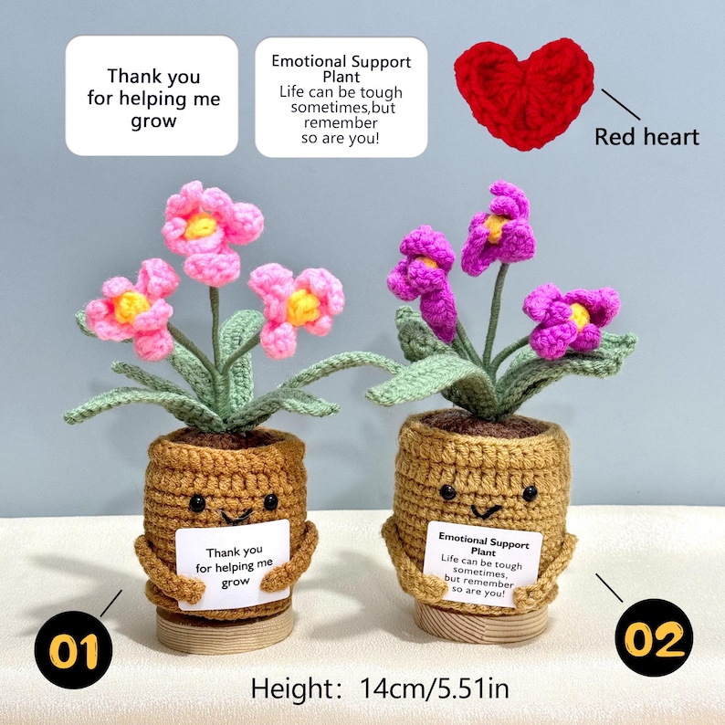 Pu&ograve; includere: Due piante in vaso all'uncinetto fatte a mano con fiori rosa e viola. Ogni vaso &egrave; un volto sorridente che tiene un cartello. Uno dice "Grazie per avermi aiutato a crescere", l'altro "Emotional Support Plant". Altezza: 14 cm.