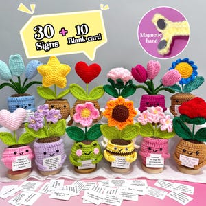 Peut inclure: Une collection de pots de fleurs crochetés colorés avec divers motifs floraux, dont une étoile, un cœur et un tournesol. Chaque pot a un visage souriant et une petite pancarte. L'image comprend le texte "30 + 10 Signs Blank card".